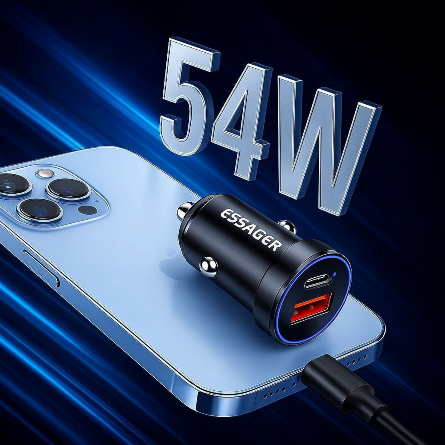 Ładowarka Samochodowa ESSAGER 54W – USB-C + USB-A | Szybkie Ładowanie QC/PD