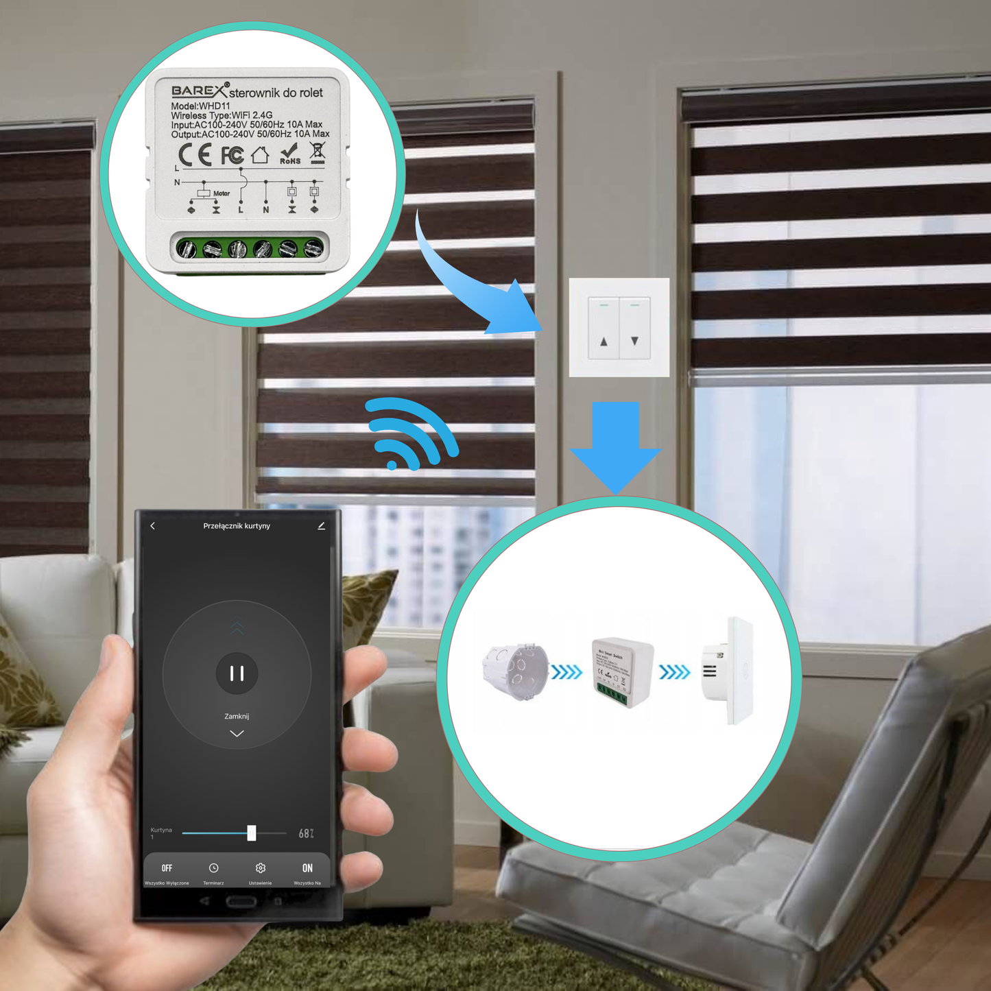 Inteligentny Wi-Fi Moduł do Sterowania Rolet i Zasłon Tuya / Smart Life 10 A