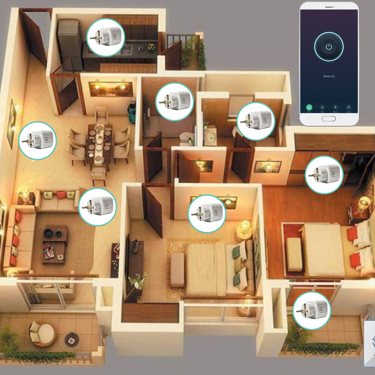 ZESTAW 4x GNIAZDEK INTELIGENTNE ZDALNIE STEROWANE WiFi SMART HARMONOGRAM