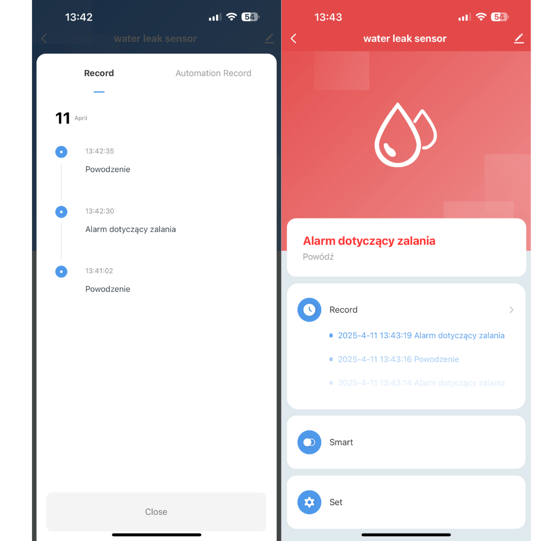 CZUJNIK SENSOR ZALANIA WODĄ WIFI alarm dźwiękowy