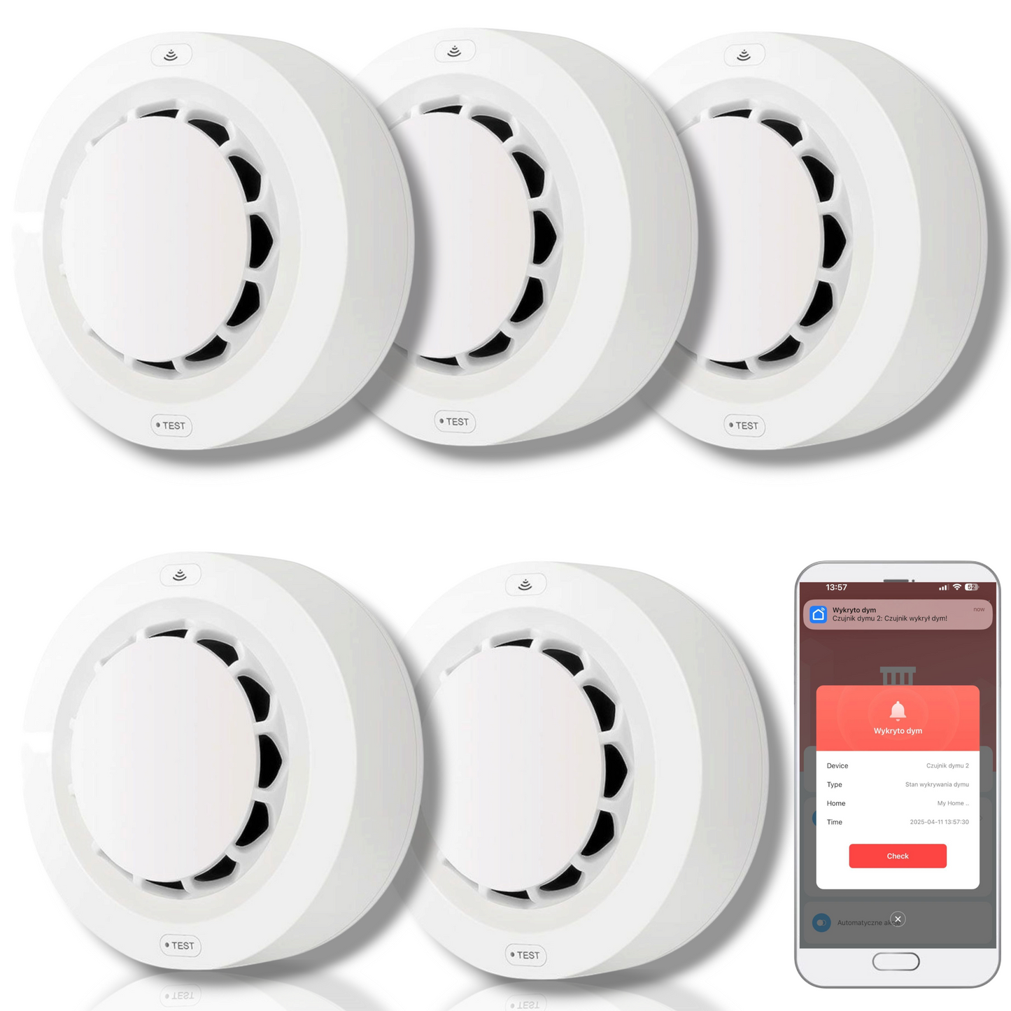 Zestaw 5x Czujników Dymu Głośny bezprzewodowy Detektor Pożaru ZIGBEE TUYA