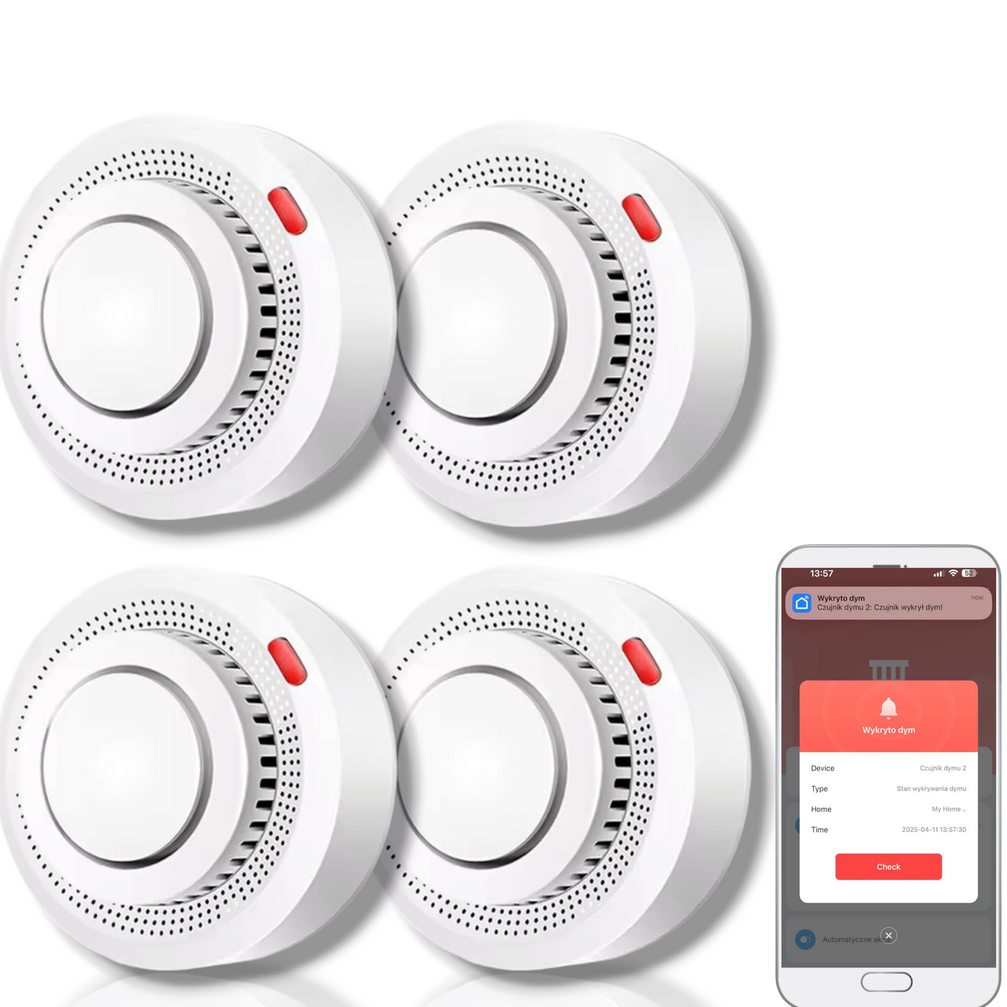 Zestaw 4x Czujników Dymu Głośny bezprzewodowy Detektor Pożaru WIFI TUYA